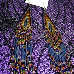 BLUSH MOON BLUE MULTI FRINGED BEADED PAST SHOULDER LENGTH EARRINGS BOHO PRIAIRIE
